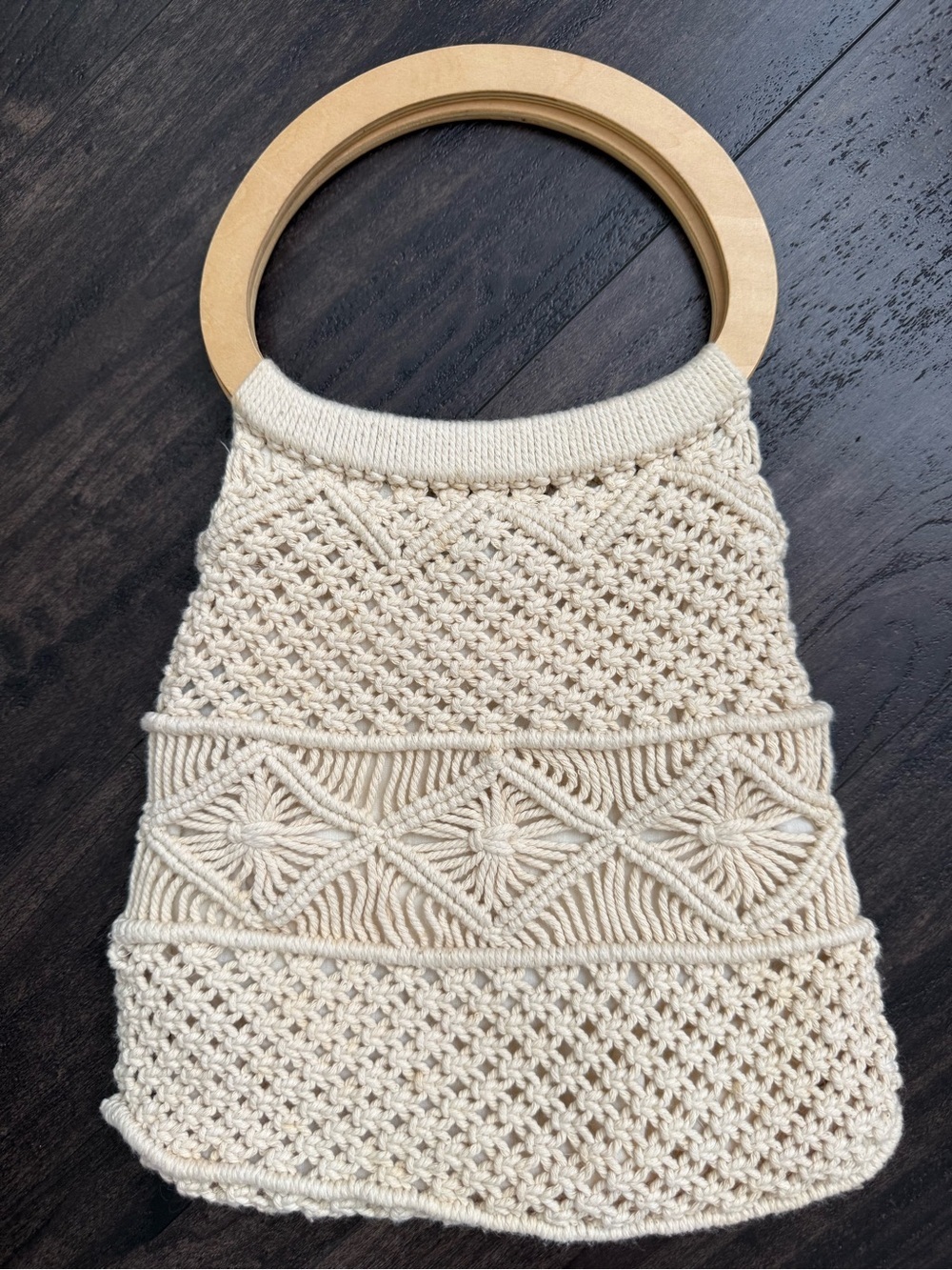Y2K New York & Company Macrame Crochet Wood Handle Boho Bag Cream